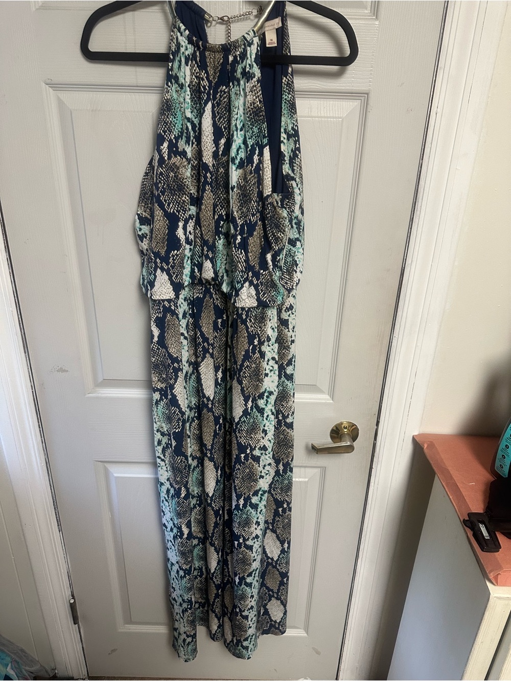 Navy & Teal Snake Print Halter Dress